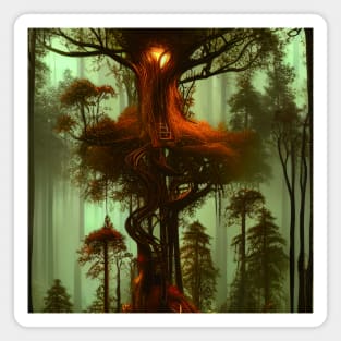 Magical Cottage Tree House with Lights in Forest, Scenery Nature Magnet